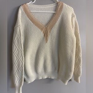 Cream V-Neck Knit Sweater with Tan Trim - Women
